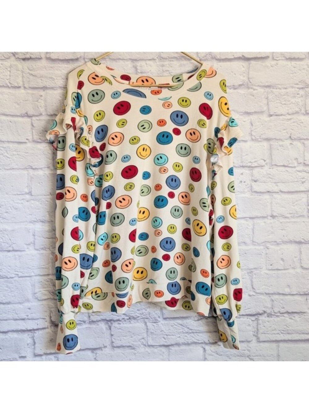 Posh Peanut Balloon Sleeve Sweatshirt Top XL Simon Smiley Face Multicolor Print
